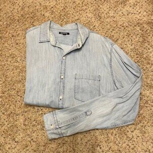 Express Light Blue Distressed Denim Long Sleeve Button Down – XL